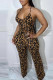 Sexy Print Leopard Patchwork Backless Halter Straight Jumpsuits