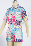 Casual Print Patchwork Shirt Collar Short Sleeve Two Pieces