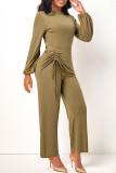 Casual Solid Patchwork Draw String O Neck Straight Jumpsuits