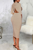 Sexy Solid Patchwork Draw String Backless Zipper Collar Pencil Skirt Dresses