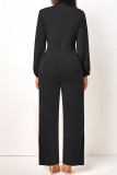 Casual Solid Patchwork Draw String O Neck Straight Jumpsuits