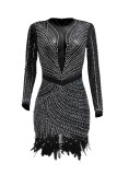 Sexy Patchwork Hot Drilling See-through Feathers O Neck Long Sleeve Dresses