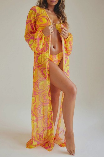 Sexy Casual Print Cardigan Swimsuit Three Piece Set