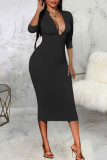 Sexy Solid Patchwork Draw String Backless Zipper Collar Pencil Skirt Dresses