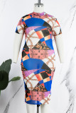 Casual Print Basic Turtleneck Short Sleeve Dress Plus Size Dresses