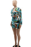 Vacation Print Bandage Patchwork Long Sleeve Two Pieces