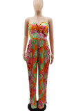 Sexy Print Patchwork Fold Strapless Straight Jumpsuits