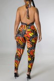 Sexy Print Hollowed Out Backless Strapless Skinny Jumpsuits