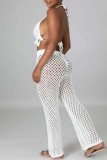 Sexy Solid Bandage Hollowed Out Backless Halter Sleeveless Two Pieces