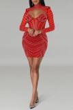 Sexy Patchwork Hot Drilling Hollowed Out See-through Half A Turtleneck Long Sleeve Dresses