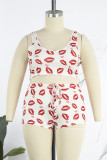 Sexy Casual Lips Printed Basic U Neck Plus Size Two Pieces