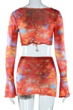 Sexy Print Bandage V Neck Long Sleeve Two Pieces