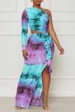 Sexy Print Hollowed Out Patchwork Slit Oblique Collar Straight Dresses
