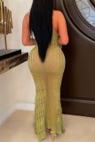 Sexy Solid Hollowed Out See-through O Neck Sleeveless Dress Dresses