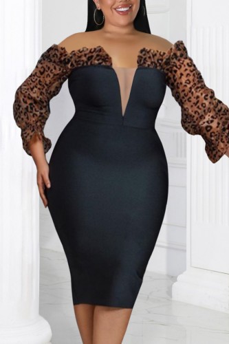 Sexy Casual Print Leopard Patchwork Off the Shoulder One Step Skirt Plus Size Dresses