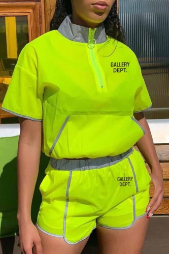Street Print Letter Zipper Collar Short Sleeve Two Pieces