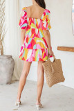 Sweet Print Patchwork Square Collar A Line Dresses