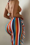 Sexy Striped Print Bandage Patchwork Backless Swimsuit Three Piece Set (With Paddings)