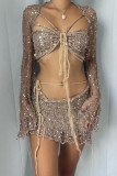 Sexy Solid Bandage Sequins Patchwork See-through Asymmetrical Collar Long Sleeve Three Pieces
