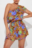 Casual Print Backless Oblique Collar Regular Rompers