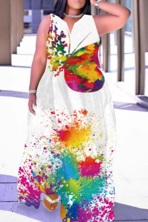 Casual Print Patchwork V Neck Straight Plus Size Dresses