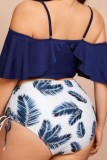 Sexy Print Draw String Frenulum Backless Off the Shoulder Plus Size Swimwear (With Paddings)