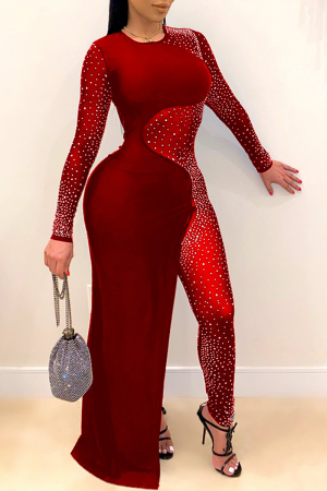 Sexy Patchwork Mesh Hot Drill O Neck Irregular Dress Dresses
