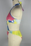 Sexy Print Tie Dye Bandage Hollowed Out Backless Swimwears (With Paddings)