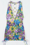 Sexy Print Patchwork Draw String Backless Swimwears Cover Up