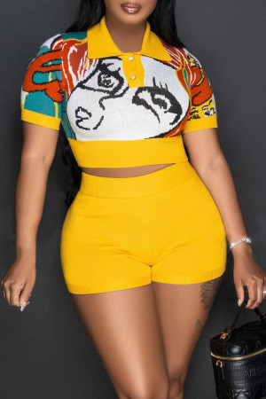 Casual Print Patchwork Turndown Collar Short Sleeve Two Pieces