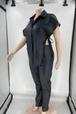 Casual Solid Draw String Turndown Collar Plus Size Two Pieces