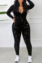 Casual Solid Ripped Hollowed Out See-through Zipper Collar Skinny Jumpsuits