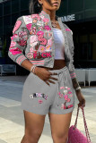 Casual Print Patchwork Buckle Long Sleeve Two Pieces