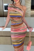Sexy Striped Print Patchwork Backless Slit Oblique Collar Long Dress Dresses