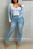 Sexy Street Solid Ripped Bandage Hollowed Out Patchwork High Waist Denim Jeans
