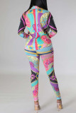 Casual Print Bandage Patchwork Buckle Turndown Collar Long Sleeve Two Pieces