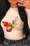 Street Print Butterfly Print Patchwork O Neck Tops