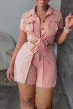 Casual Solid Patchwork Pocket Buckle Turndown Collar Short Sleeve Two Pieces