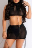 Sexy Solid Ripped See-through Backless Hooded Collar Sleeveless Two Pieces