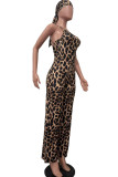 Sexy Print Leopard Patchwork Backless Halter Straight Jumpsuits
