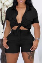 Casual Solid Basic Shirt Collar Short Sleeve Two Pieces