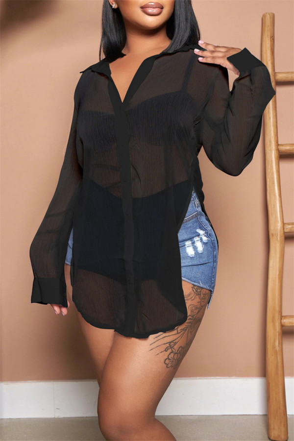 Casual Solid See-through Slit Shirt Collar Plus Size Tops