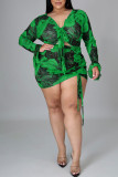 Sexy Print Bandage Patchwork Draw String V Neck Plus Size Two Pieces