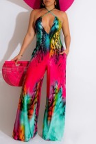 Sexy Casual Print Backless Halter Regular Jumpsuits