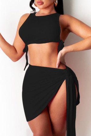 Sexy Solid Bandage O Neck Sleeveless Two Pieces