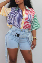 Casual Striped Print Patchwork Buckle Turndown Collar Tops