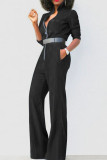 Casual Solid Patchwork Without Belt Turndown Collar Long Sleeve Straight Denim Jumpsuits(Without Belt）