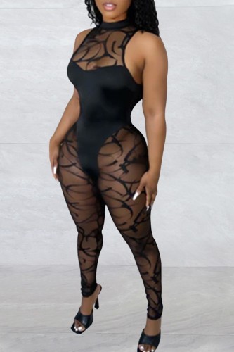 Sexy Patchwork See-through O Neck Skinny Jumpsuits