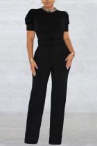 Elegant Solid Patchwork O Neck Straight Jumpsuits