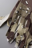 Casual Camouflage Print Tassel Patchwork Mid Waist Regular Denim Shorts